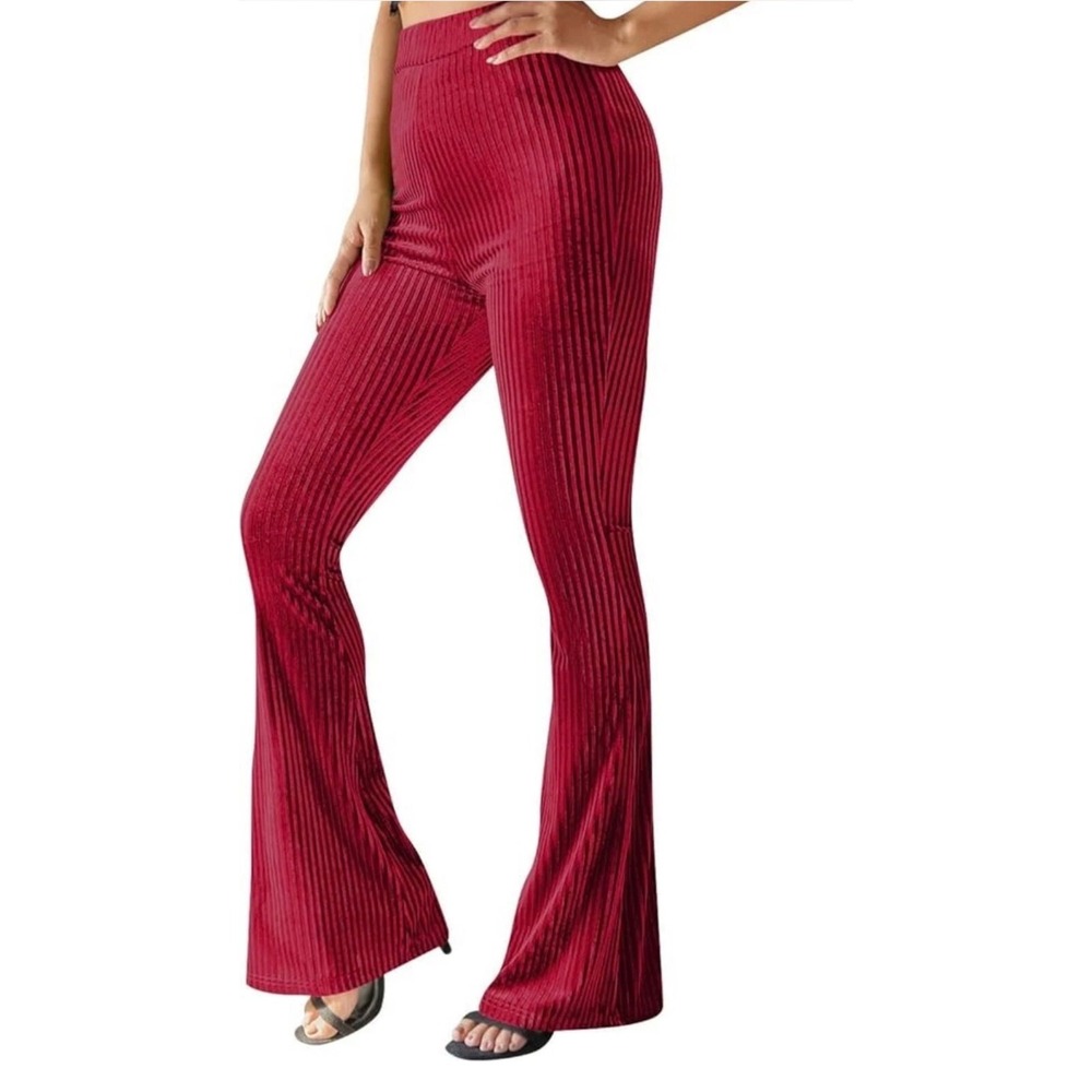 Red Pleated Velvet Flare Pants High Waist Bell Bottom Large